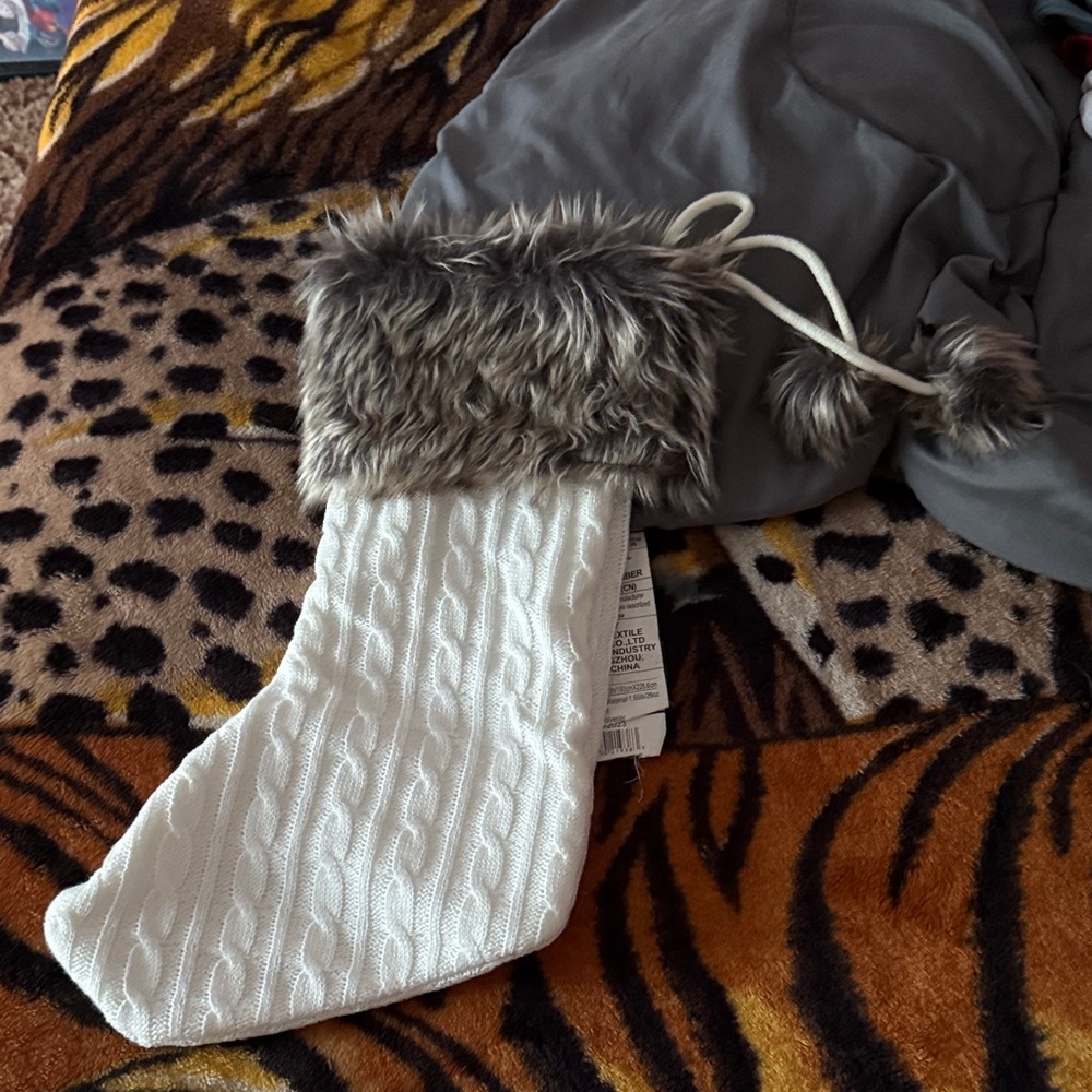 White Cable Knit Christmas Stocking with Faux Fur Trim